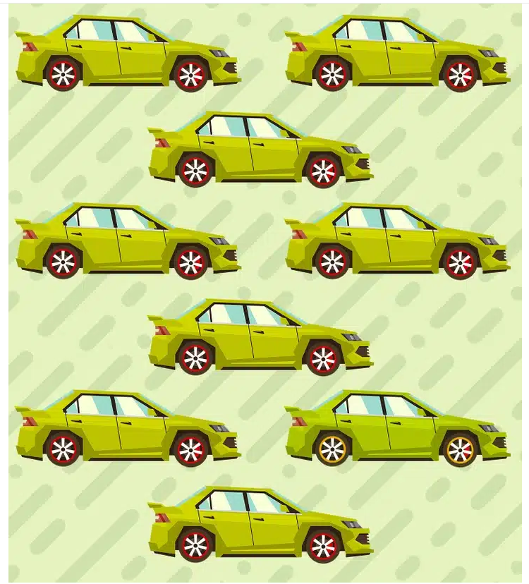Desafio visual Vários carros verdes com rodas vermelhas em fundo claro com formas.