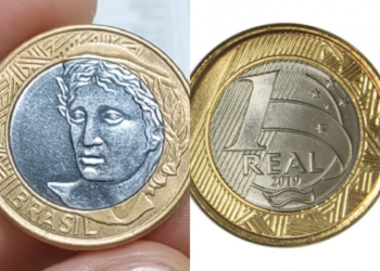 Montagem lado a lado mostrando as duas faces de uma moeda de 1 real de 2019: à esquerda, a Efígie da República em destaque, e à direita, o valor nominal de 1 Real com o ano de emissão.
