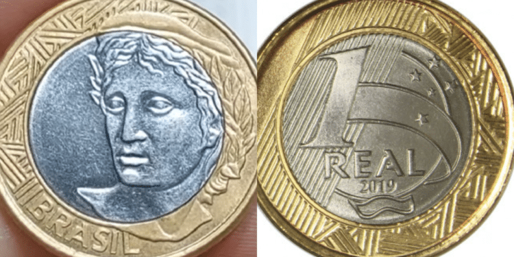 Montagem lado a lado mostrando as duas faces de uma moeda de 1 real de 2019: à esquerda, a Efígie da República em destaque, e à direita, o valor nominal de 1 Real com o ano de emissão.