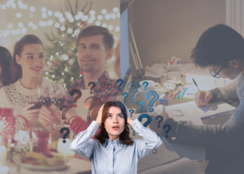 Mulher jovem com expressões confusas entre festa natalina e jovem estudando no ambiente de casa.