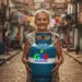 Idosa segurando botijão de gás em rua de comunidade com o logo do programa Gás do Povo, que amplia acesso a famílias fora das capitais.