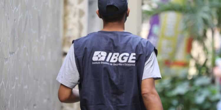 Pessoa vestindo colete azul do IBGE em rua com vegetação ao fundo.