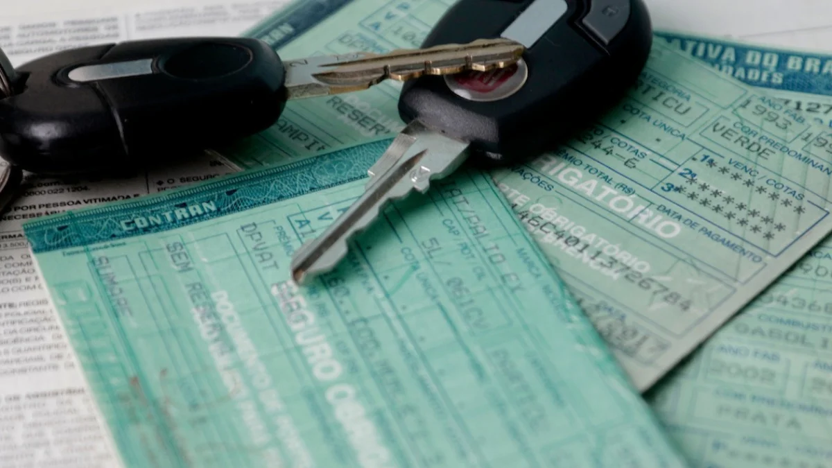 Chaves de carro sobre guias de pagamento do IPVA e documentos de licenciamento de veículo.