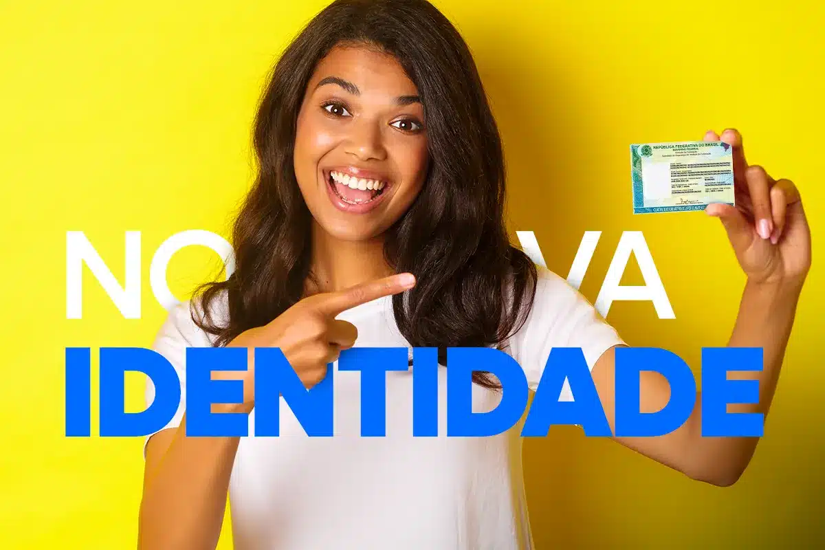Nova identidade Mulher sorridente segurando nova carteira de identidade com fundo amarelo vibrante e texto azul.
