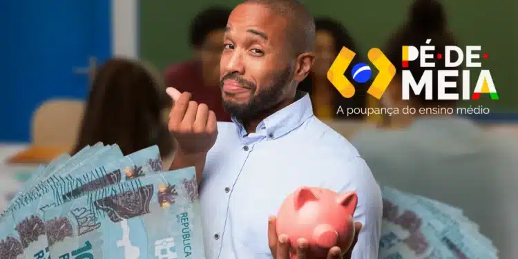 Homem segurando cofre rosa e notas de dinheiro, representando o programa Pé-de-Meia e o pagamento extra para estudantes do ensino médio.