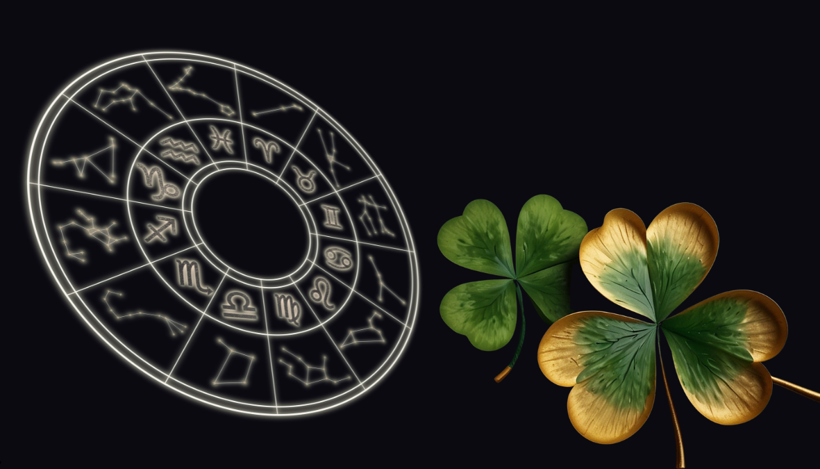 Roda do zodíaco iluminada e dois trevos da sorte, um verde e outro com bordas douradas.