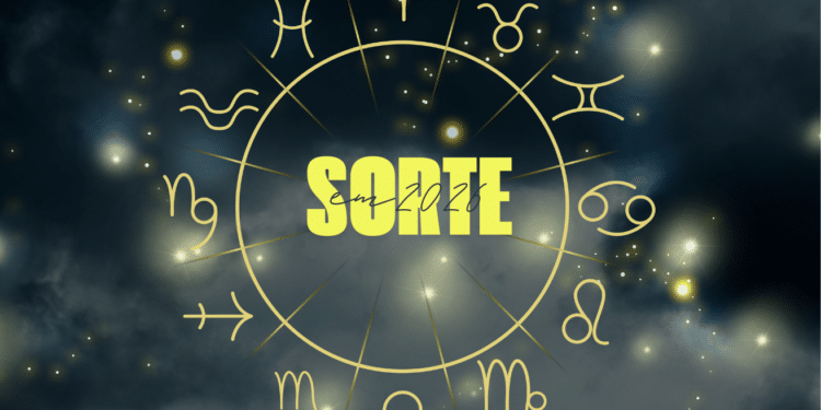 Roda do zodíaco sobre fundo nebuloso com texto amarelo "Sorte em 2026"