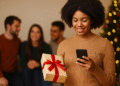 Mulher sorridente segurando presente com laço vermelho e olhando para celular, com árvore de Natal ao fundo