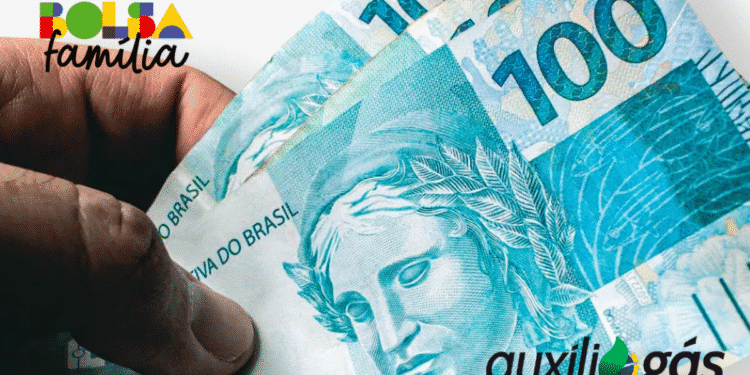 Imagem destacando os pagamentos do Bolsa Família e Auxílio Gás, com notas de 100 reais e logotipo dos programas de auxílio.