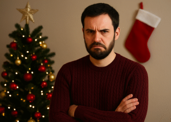 Homem de suéter vinho com expressão mal-humorada, árvore de Natal decorada e meia de Natal vermelha na parede