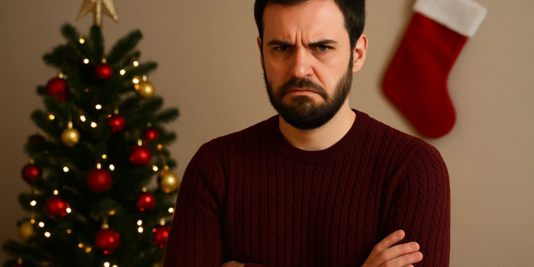 Homem de suéter vinho com expressão mal-humorada, árvore de Natal decorada e meia de Natal vermelha na parede