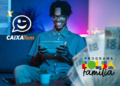 Imagem promocional do app Caixa Tem e Programa Bolsa Família 2026, mostrando uma pessoa utilizando um tablet com dinheiro em destaque.