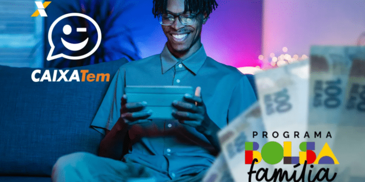 Imagem promocional do app Caixa Tem e Programa Bolsa Família 2026, mostrando uma pessoa utilizando um tablet com dinheiro em destaque.
