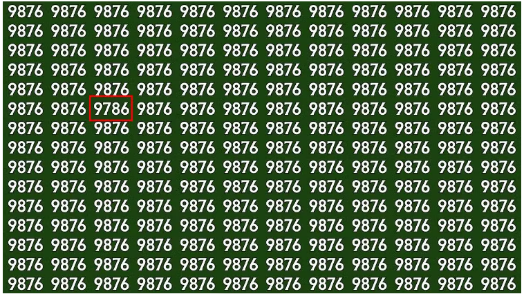  Sequência repetida do número 9876 com um número 9786 destacado por um quadro vermelho.