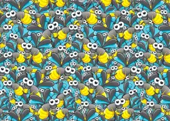 Imagem colorida com mosquitos e uma formiga camuflada entre eles, oferecendo um desafio visual.