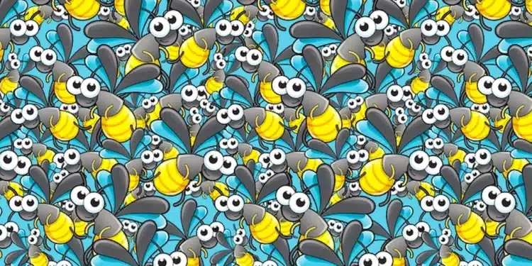 Imagem colorida com mosquitos e uma formiga camuflada entre eles, oferecendo um desafio visual.