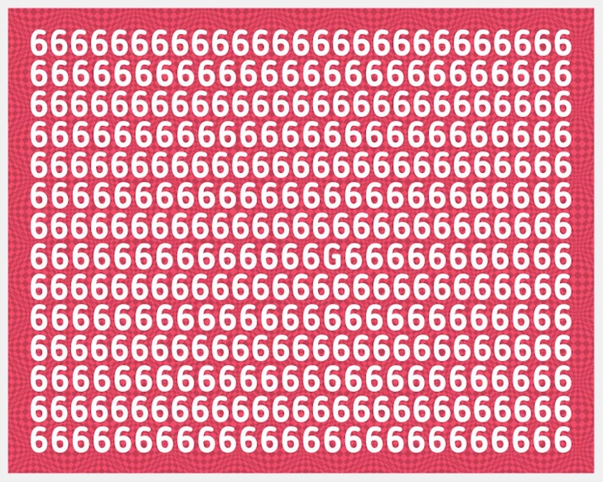 Desafio visual Imagem de desafio visual com números 6, onde o objetivo é encontrar a letra G em 15 segundos.