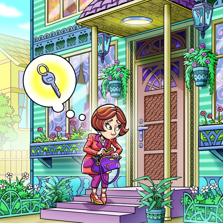 Desafio visual mostrando uma mulher preocupada procurando a chave dentro da bolsa, perto da porta de casa.