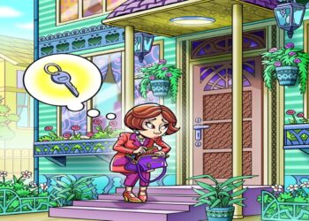 Desafio visual mostrando uma mulher preocupada procurando a chave dentro da bolsa, perto da porta de casa.