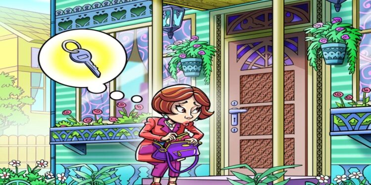 Desafio visual mostrando uma mulher preocupada procurando a chave dentro da bolsa, perto da porta de casa.