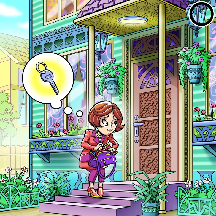 Desafio visual mostrando uma mulher preocupada procurando a chave dentro da bolsa, perto da porta de casa.