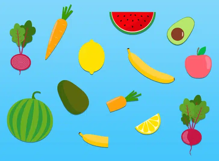 Desafio visual com melancia, abacate, banana, maçã, cenoura, limão e beterraba sobre fundo azul