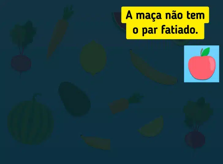 Desafio visual com melancia, abacate, banana, maçã, cenoura, limão e beterraba sobre fundo azul