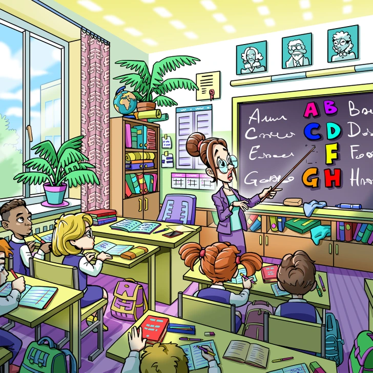 Ache a letra "E" escondida na sala de aula. Desafio visual com uma ilustração colorida de uma sala de aula, onde a professora aponta para o quadro negro com letras do alfabeto enquanto os alunos prestam atenção.