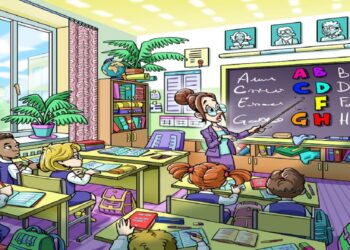 Desafio visual com uma ilustração colorida de uma sala de aula, onde a professora aponta para o quadro negro com letras do alfabeto enquanto os alunos prestam atenção.