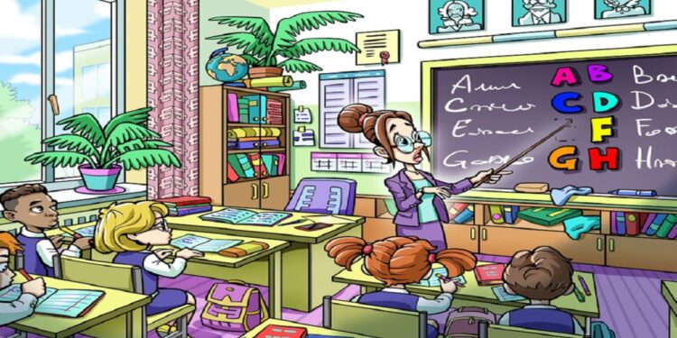 Desafio visual com uma ilustração colorida de uma sala de aula, onde a professora aponta para o quadro negro com letras do alfabeto enquanto os alunos prestam atenção.
