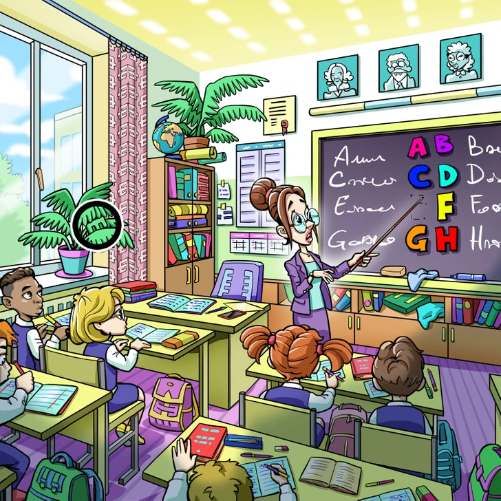 Encontre a letra "E" escondida na sala de aula com a professora ensinando o alfabeto Desafio visual com uma ilustração colorida de uma sala de aula, onde a professora aponta para o quadro negro com letras do alfabeto enquanto os alunos prestam atenção.