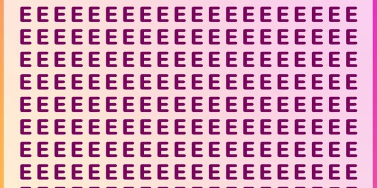 Desafio visual com várias letras E em formato de grade e uma letra F escondida entre elas