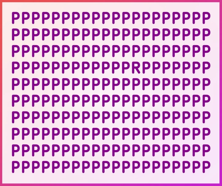 Desafio visual para encontrar a única letra R entre muitas letras P. Desafio visual com várias letras P em roxo e uma letra R escondida no meio sobre fundo rosa