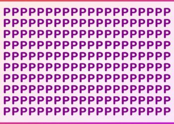 Desafio visual com várias letras P em roxo e uma letra R escondida no meio sobre fundo rosa