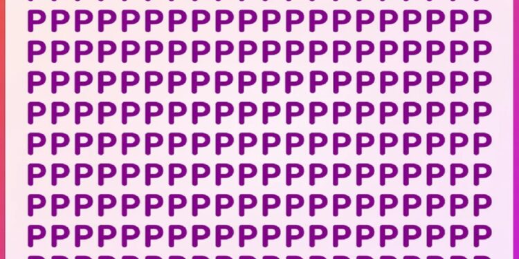 Desafio visual com várias letras P em roxo e uma letra R escondida no meio sobre fundo rosa