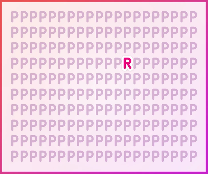 Jogo de busca: encontre a letra R entre letras P Desafio visual com várias letras P em roxo e uma letra R escondida no meio sobre fundo rosa