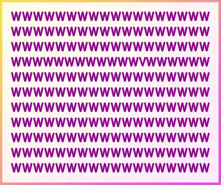 Ache a letra V entre múltiplas letras W na cor roxa sobre fundo em tons de rosa. Desafio visual com sequência repetida de letras W roxas sobre um fundo rosa