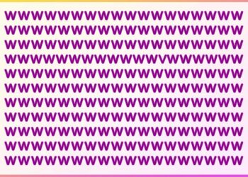 Desafio visual com sequência repetida de letras W roxas sobre um fundo rosa