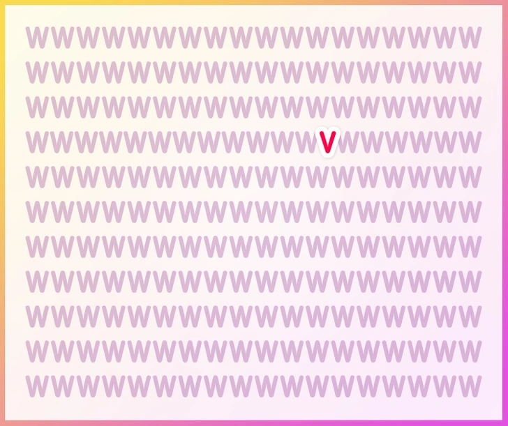 Encontre a letra V entre as várias letras W roxas em fundo rosa Desafio visual com sequência repetida de letras W roxas sobre um fundo rosa