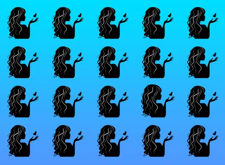 Desafio visual com um padrão repetido de silhuetas femininas negras com cabelos cacheados e borboletas, fundo azul.