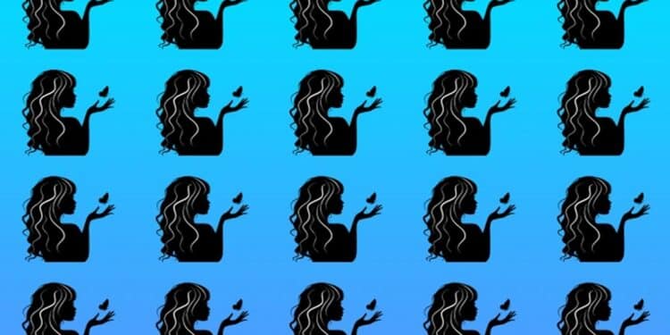 Desafio visual com um padrão repetido de silhuetas femininas negras com cabelos cacheados e borboletas, fundo azul.