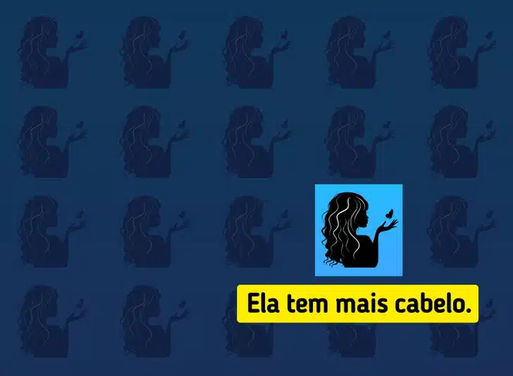 Desafio visual com um padrão repetido de silhuetas femininas negras com cabelos cacheados e borboletas, fundo azul.
