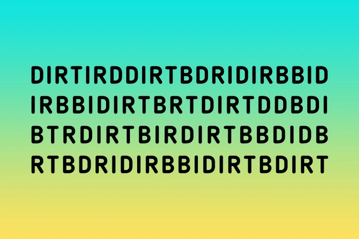 Encontre a palavra BIRD no texto com letras diversas. Desafio visual com uma sequência de letras D, I, R, T e B organizadas em linhas sobre fundo com gradiente azul e amarelo