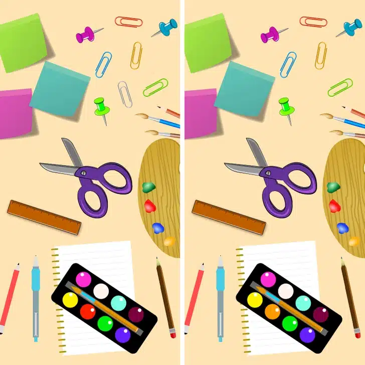 Desafio visual com materiais escolares coloridos como tesoura, tintas, pincéis e post-its em fundo bege