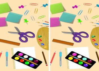 Desafio visual com materiais escolares coloridos como tesoura, tintas, pincéis e post-its em fundo bege