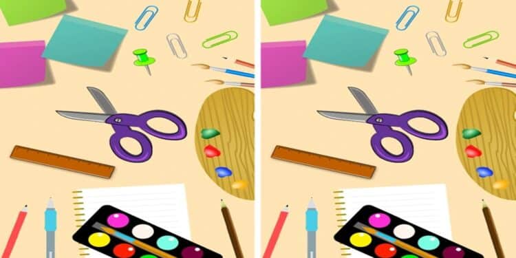 Desafio visual com materiais escolares coloridos como tesoura, tintas, pincéis e post-its em fundo bege