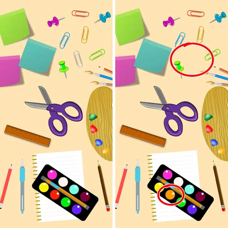 Desafio visual com materiais escolares coloridos como tesoura, tintas, pincéis e post-its em fundo bege