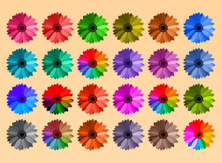 Desafio visual com uma ilustração de 24 flores coloridas em diferentes cores sobre fundo bege