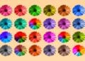 Desafio visual com uma ilustração de 24 flores coloridas em diferentes cores sobre fundo bege
