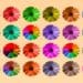 Desafio visual com uma ilustração de 24 flores coloridas em diferentes cores sobre fundo bege